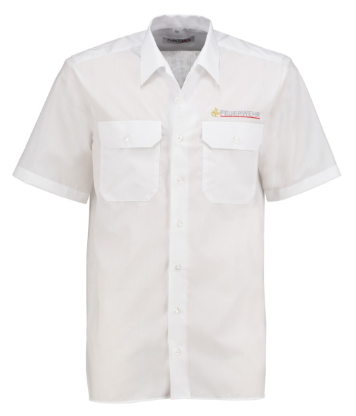 Das weiße Feuerwehr Diensthemd ist in der Regular Fit Form halbarm geschnitten, bestickt mit Sauferlöwe+Stick Feuerwehr